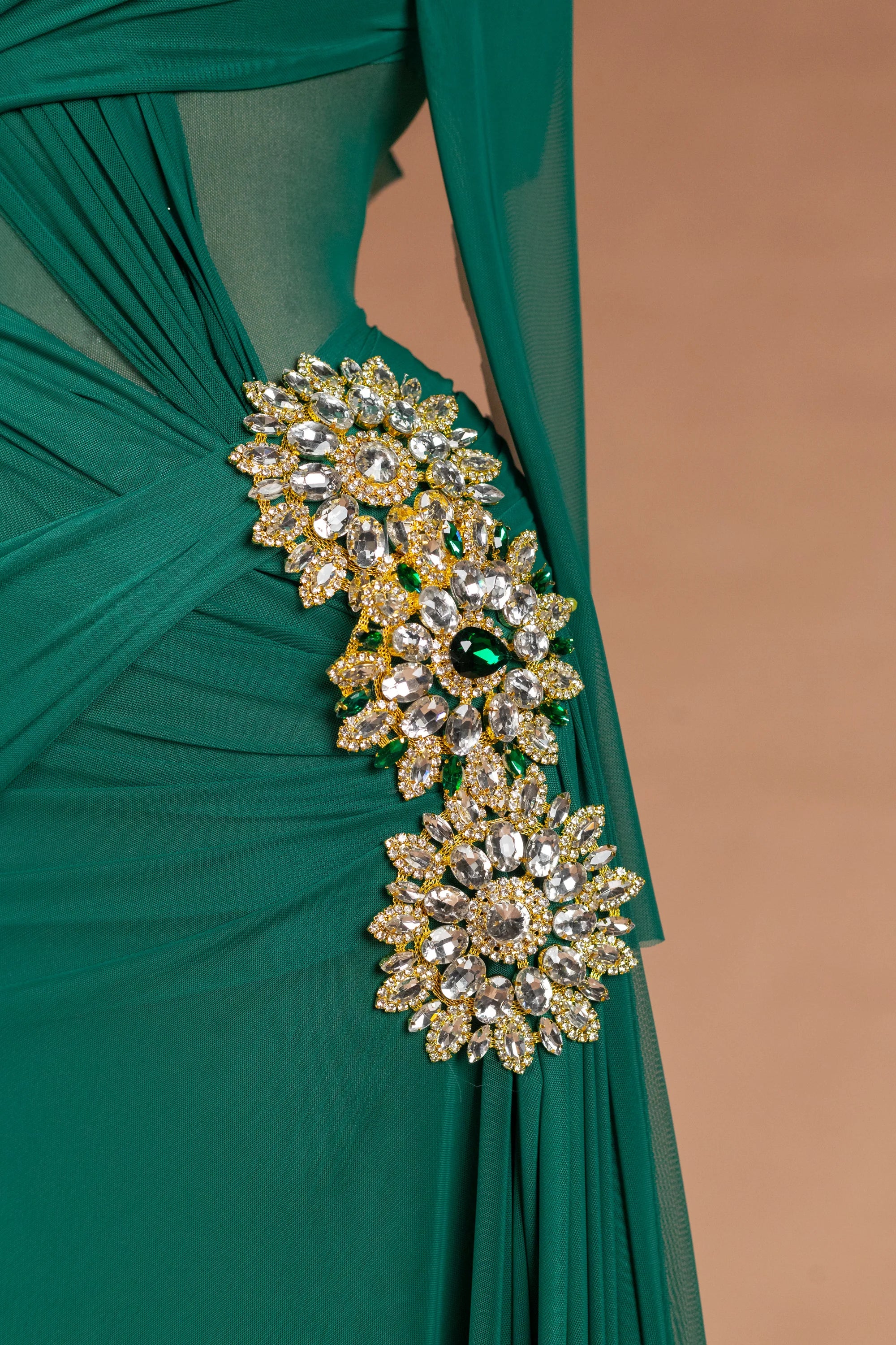 Sihëna Sylvan Oracle — emerald illusion long-sleeve a-line evening dress