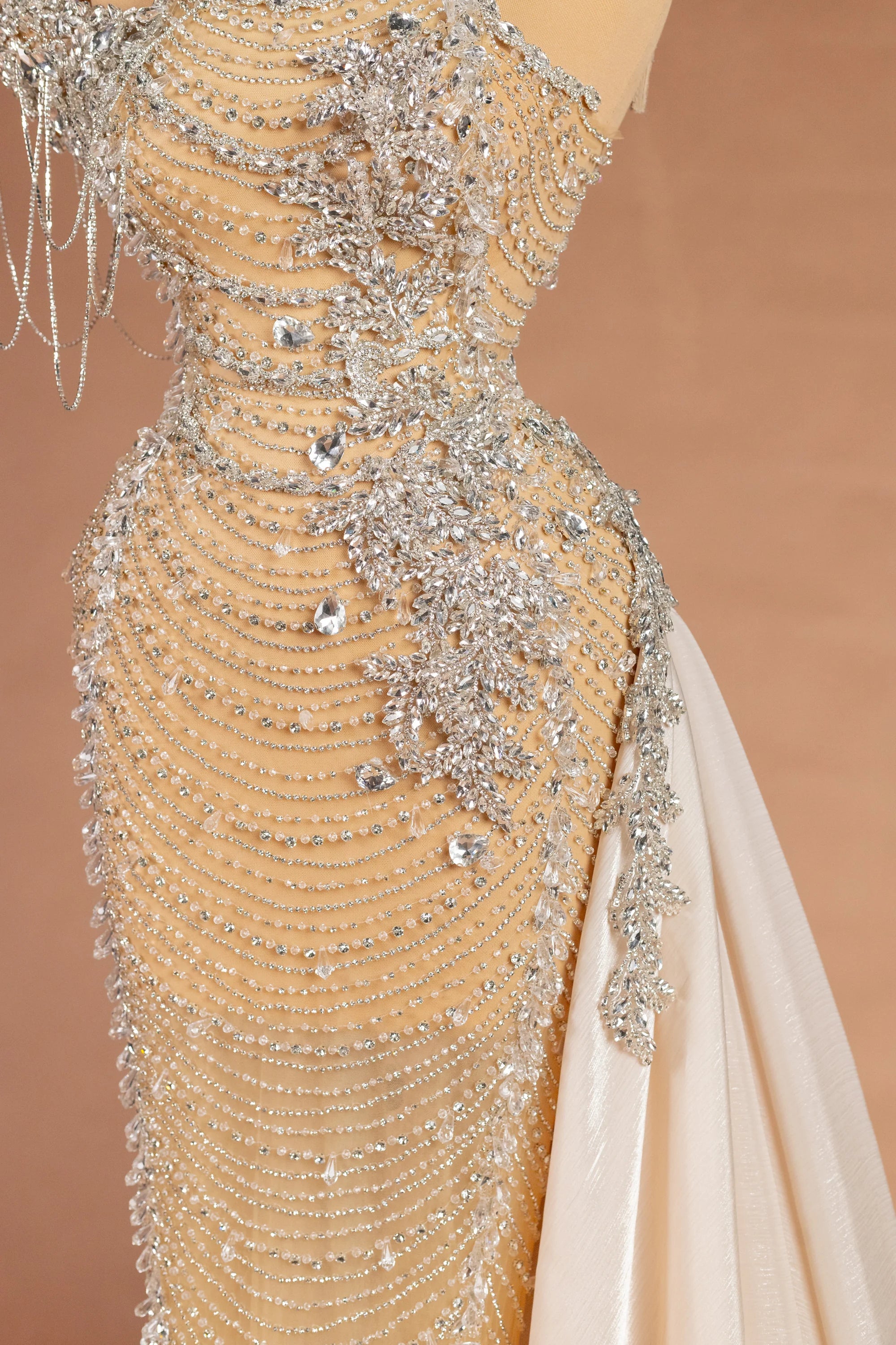 Sihëna Topaz Festoon — champagne high-neck sleeveless column evening dress