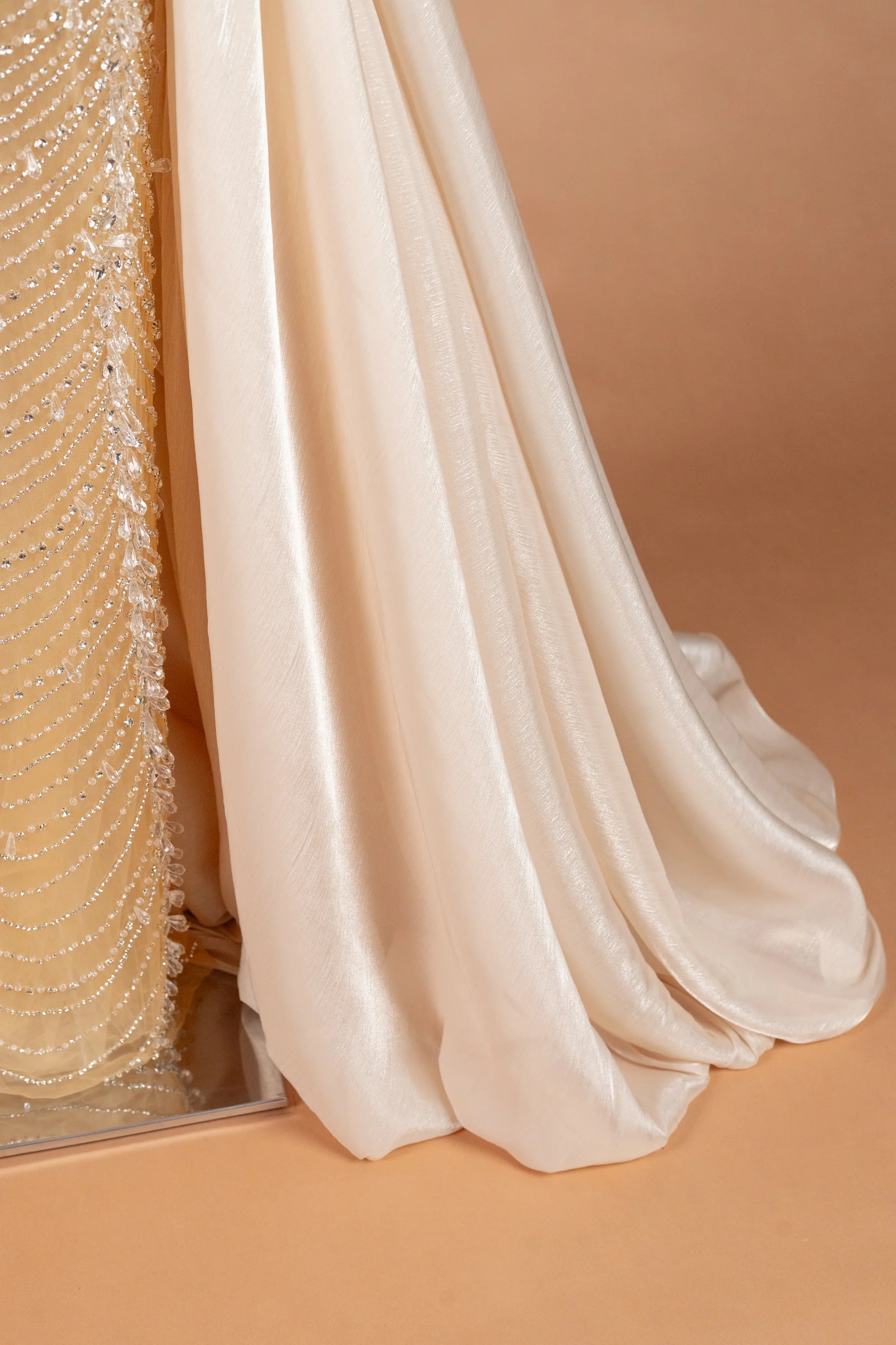 Sihëna Topaz Festoon — champagne high-neck sleeveless column evening dress