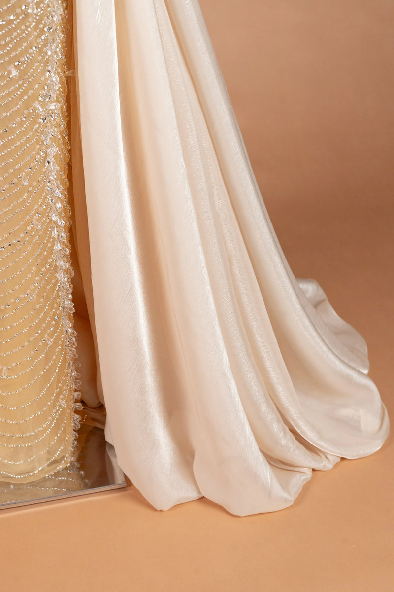 Sihëna Topaz Festoon — champagne high-neck sleeveless column evening dress