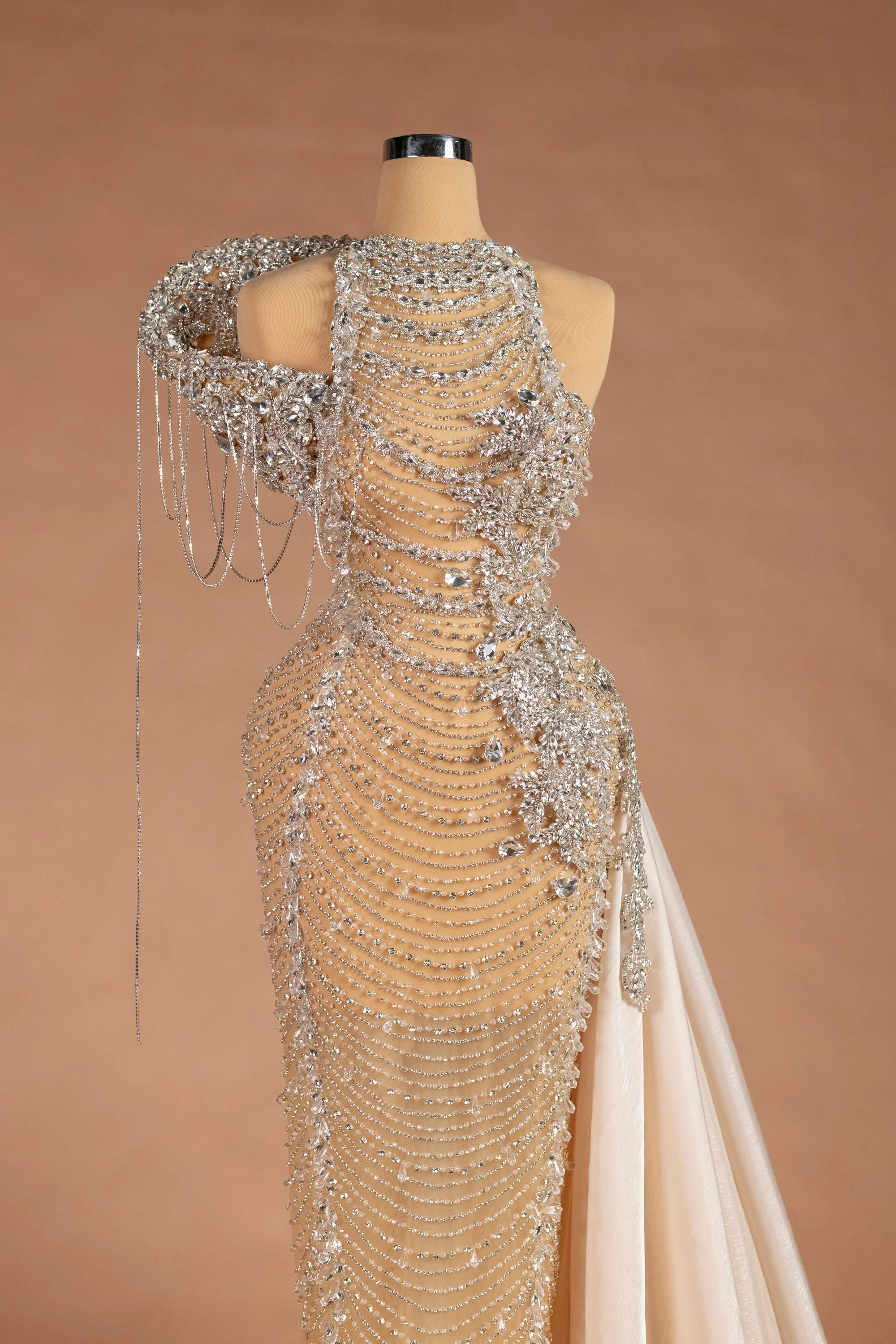 Sihëna Topaz Festoon — champagne high-neck sleeveless column evening dress