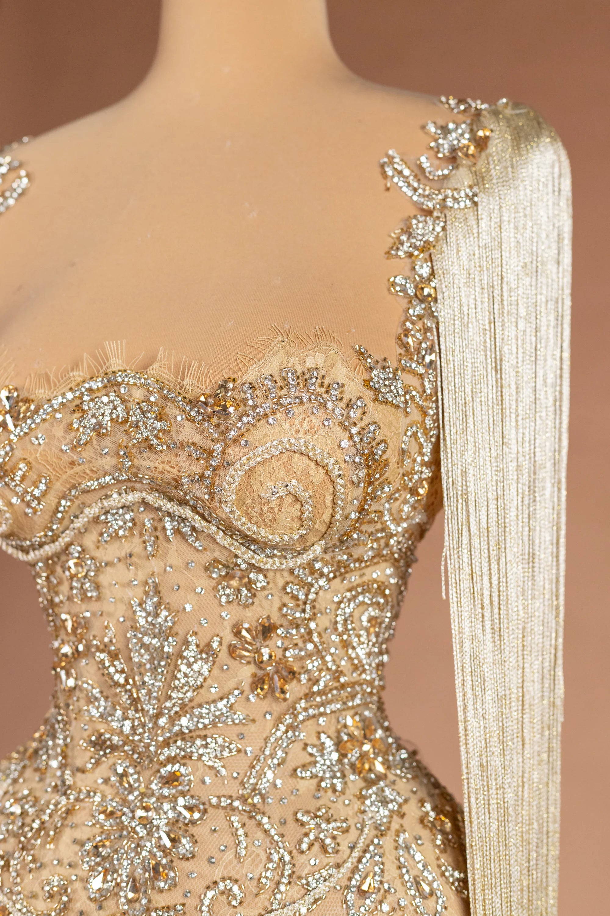 Sihëna Vermeil Chandelier — champagne illusion sleeveless column evening dress