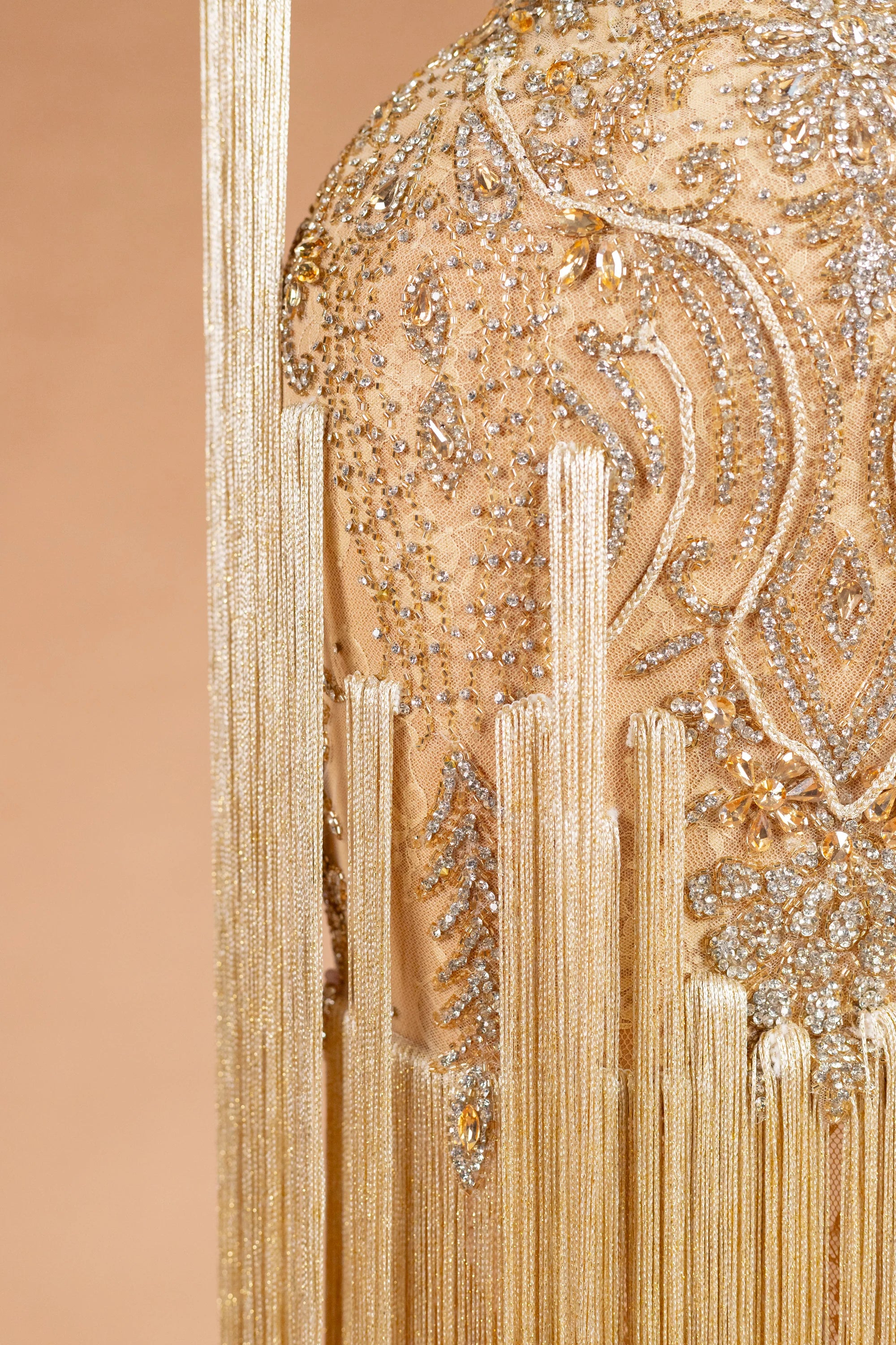 Sihëna Vermeil Chandelier — champagne illusion sleeveless column evening dress