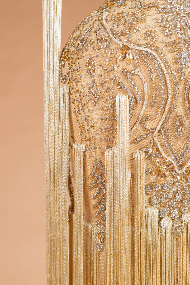 Sihëna Vermeil Chandelier — champagne illusion sleeveless column evening dress