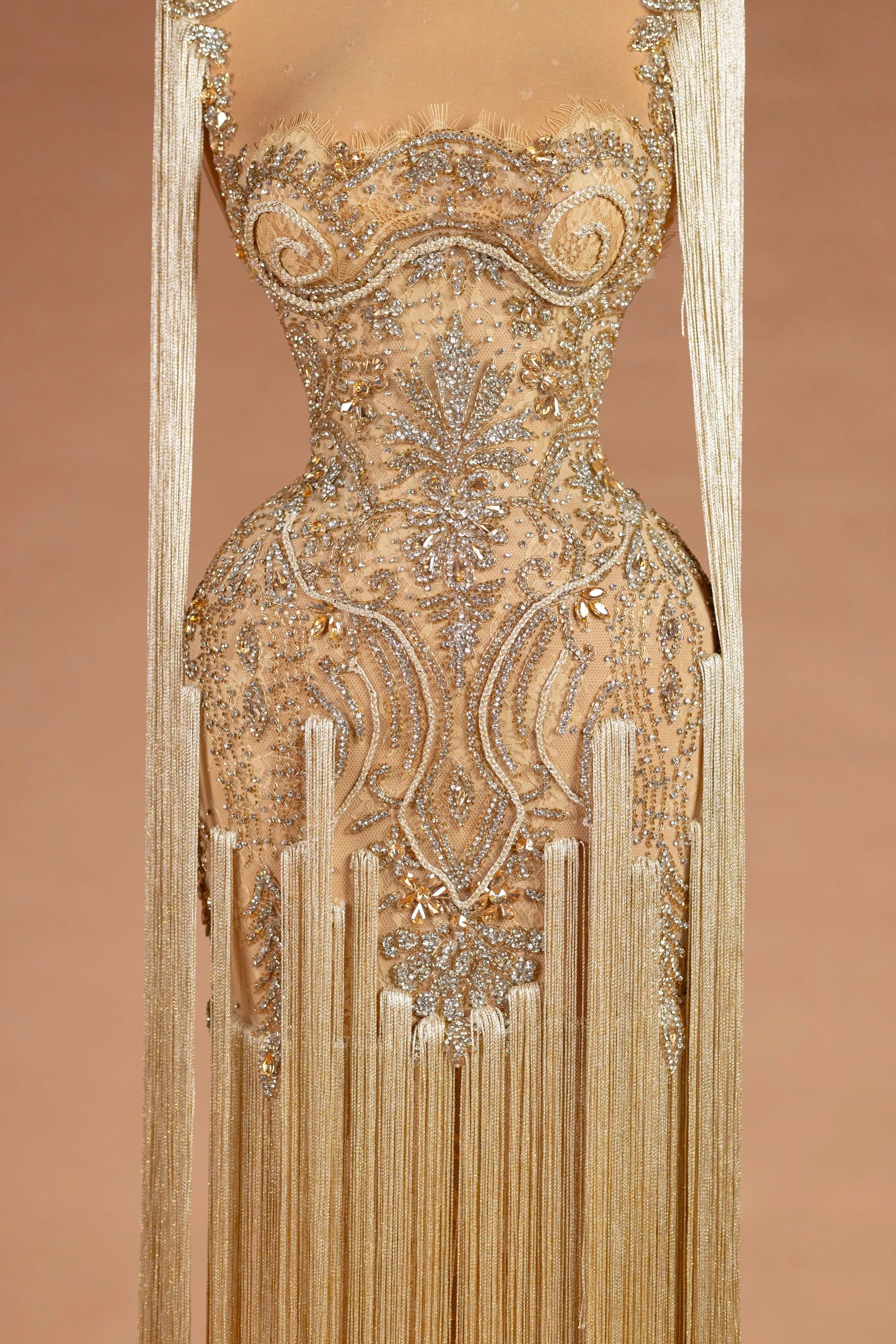 Sihëna Vermeil Chandelier — champagne illusion sleeveless column evening dress