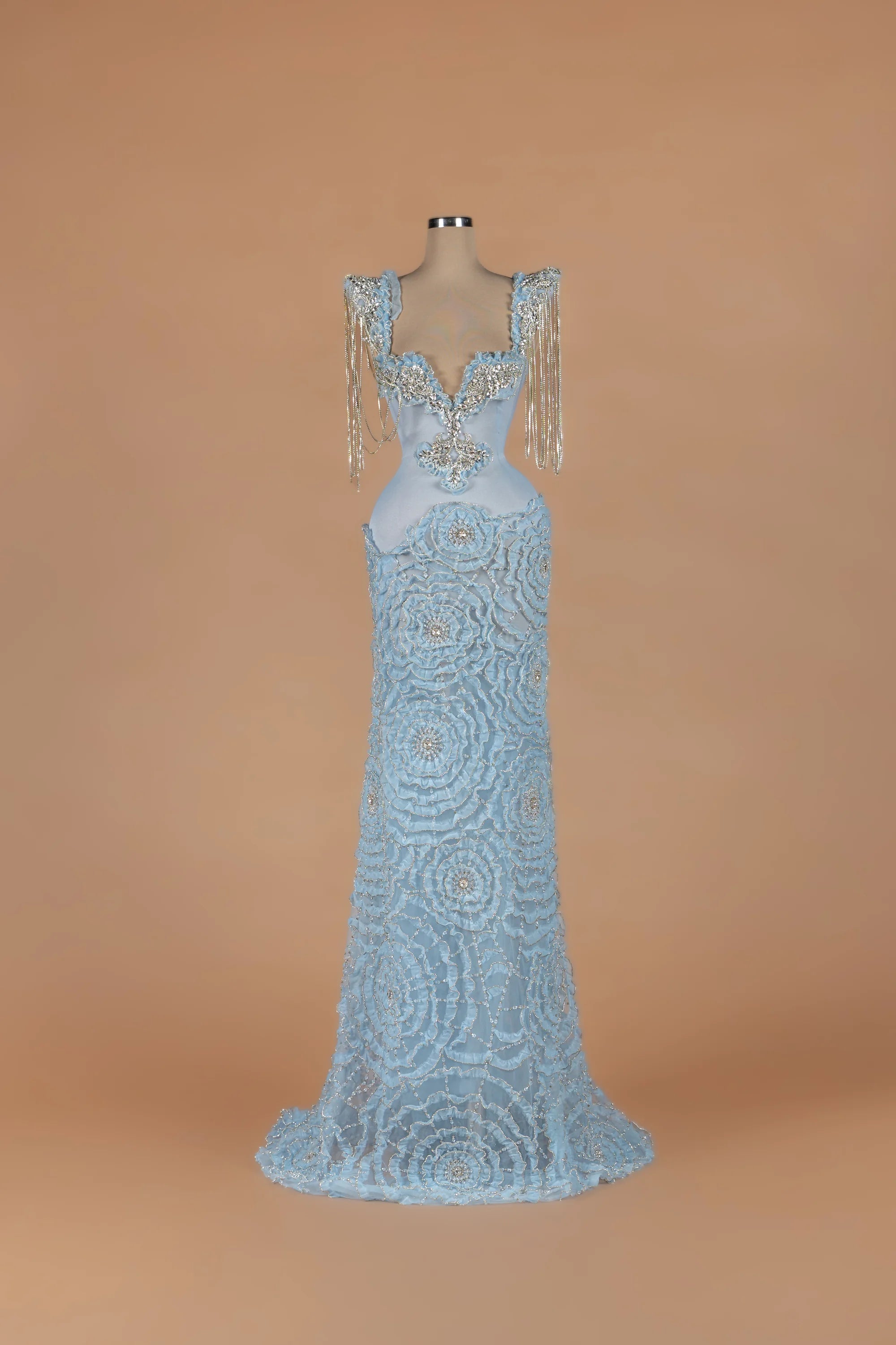 Sihëna Winter Waltz — powder-blue v-neck sleeveless mermaid gown with crystal-beaded 3D floral ruffles.
